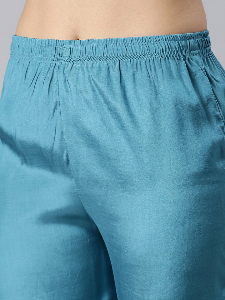 Neerus Blue Regular Straight Solid Kurta and Trousers With Dupatta