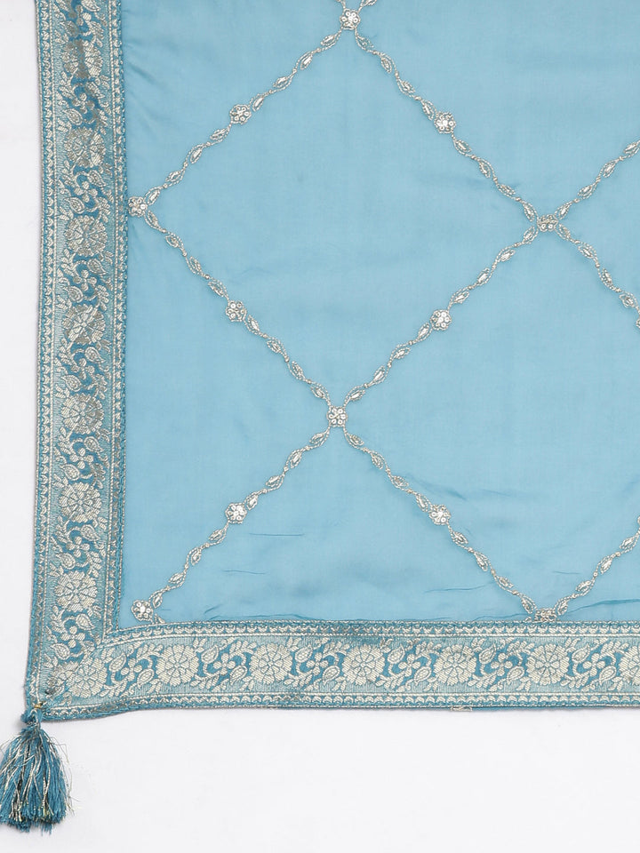 Neerus Blue Regular Straight Solid Kurta and Trousers With Dupatta