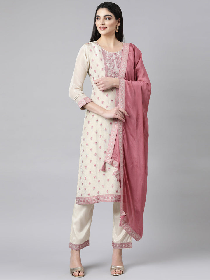 Neerus White printed floral straight suit set - front view
