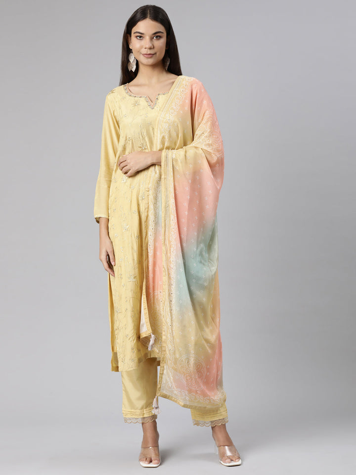 Neerus Yellow printed floral suit set - front view