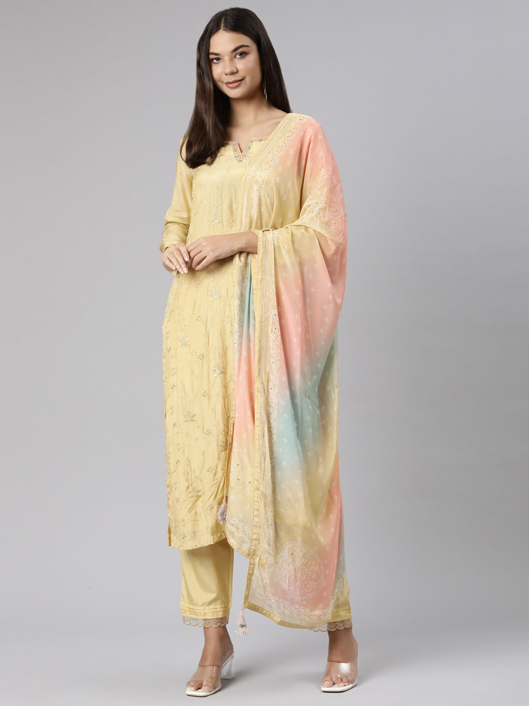 Neerus Yellow printed floral suit set - detail view 2