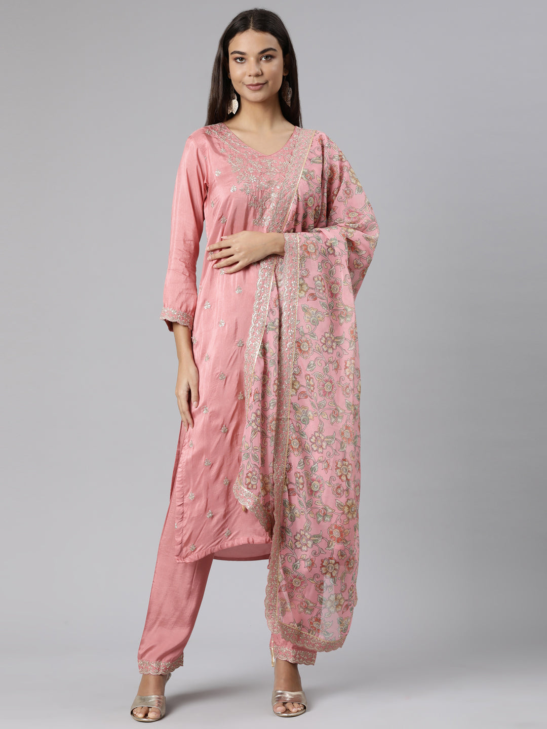 Neerus Pink printed floral suit set kurta trouser dupatta - front view