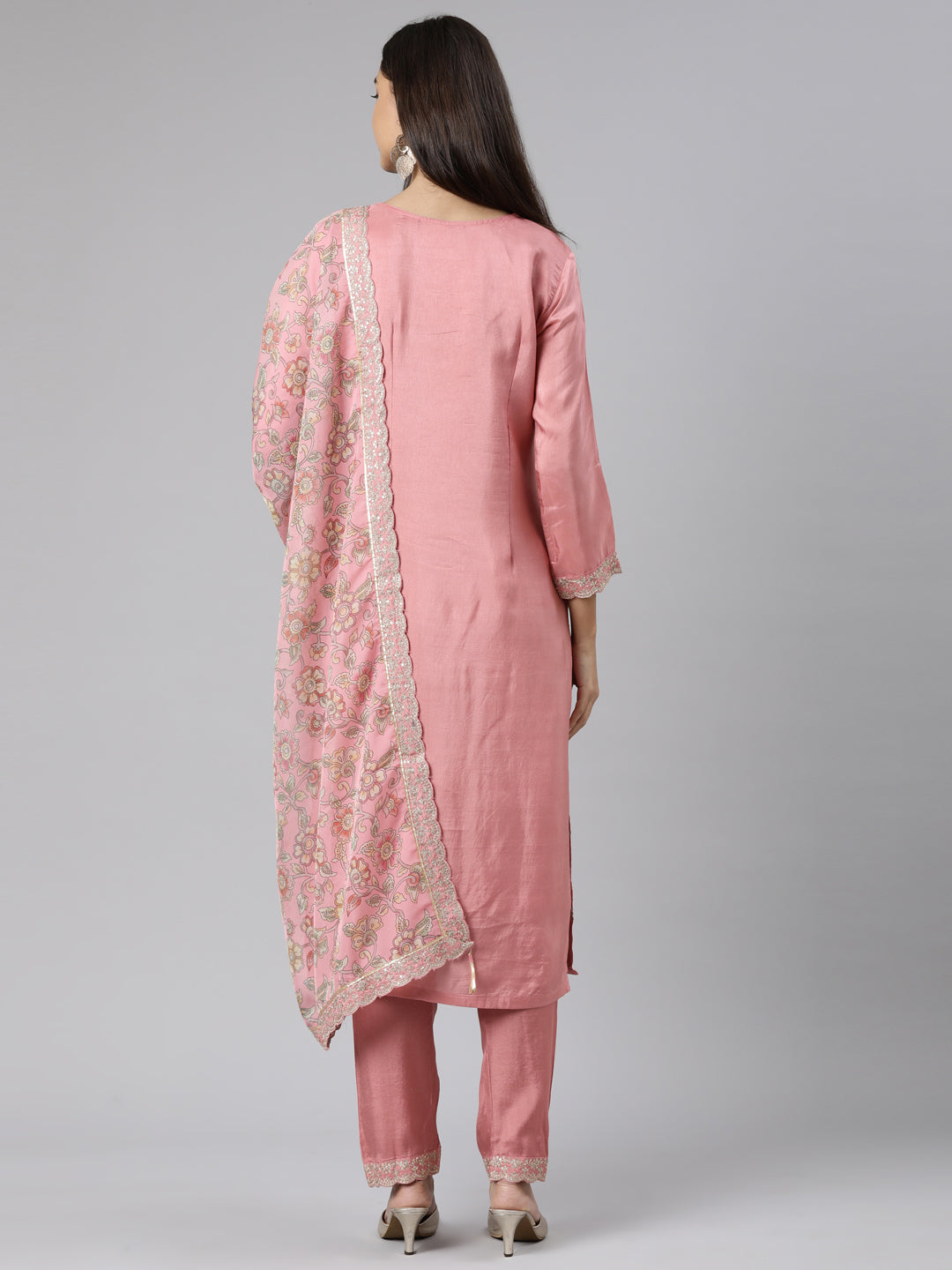 Neerus Pink printed floral suit set kurta trouser dupatta - side view