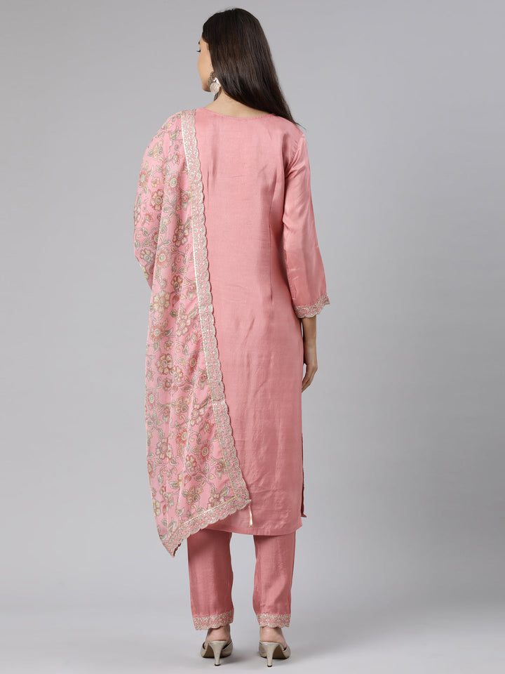 Neerus Pink printed floral suit set kurta trouser dupatta - side view