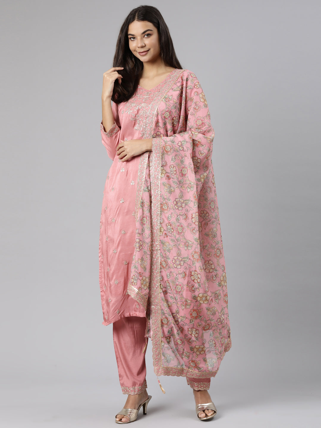 Neerus Pink printed floral suit set kurta trouser dupatta - detail view 2