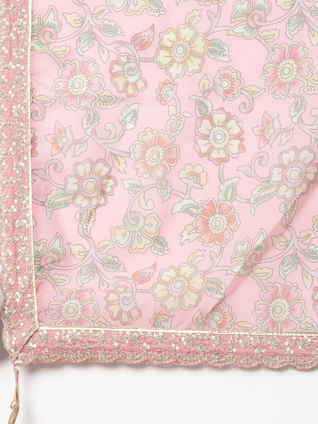 Neerus Pink printed floral suit set kurta trouser dupatta - detail view 3