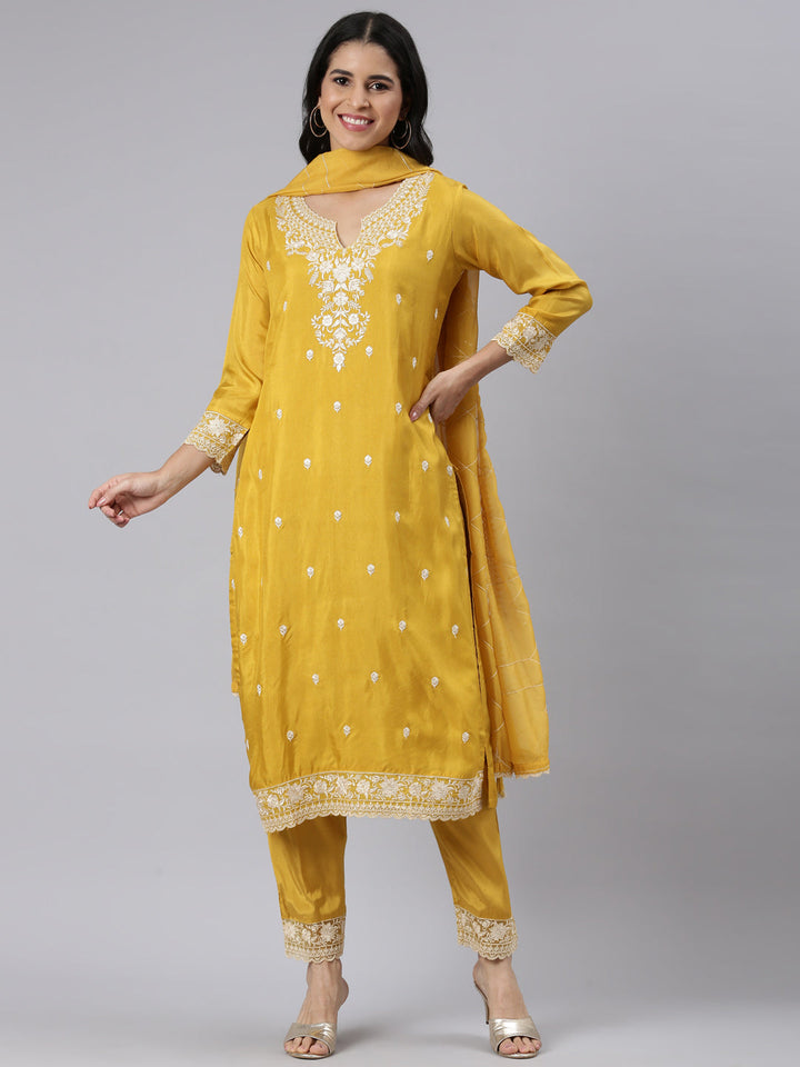 Neerus Mustard Regular Straight Solid Kurta and Trousers With Dupatta