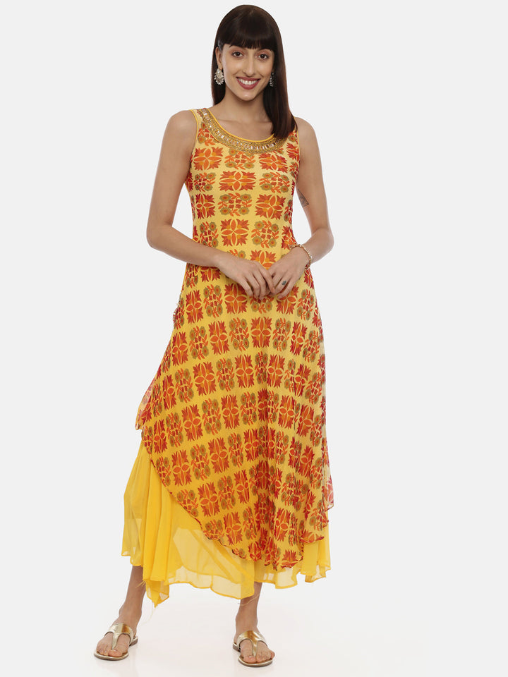 Neerus Yellow printed high-low layered kurti - front view
