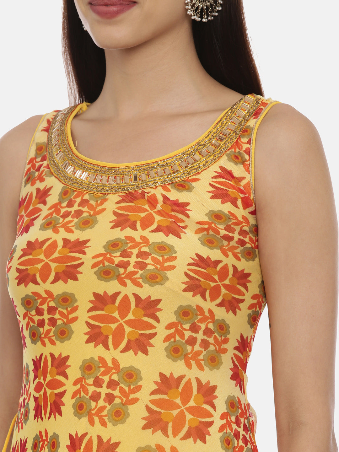 Neerus Yellow printed high-low layered kurti - back view