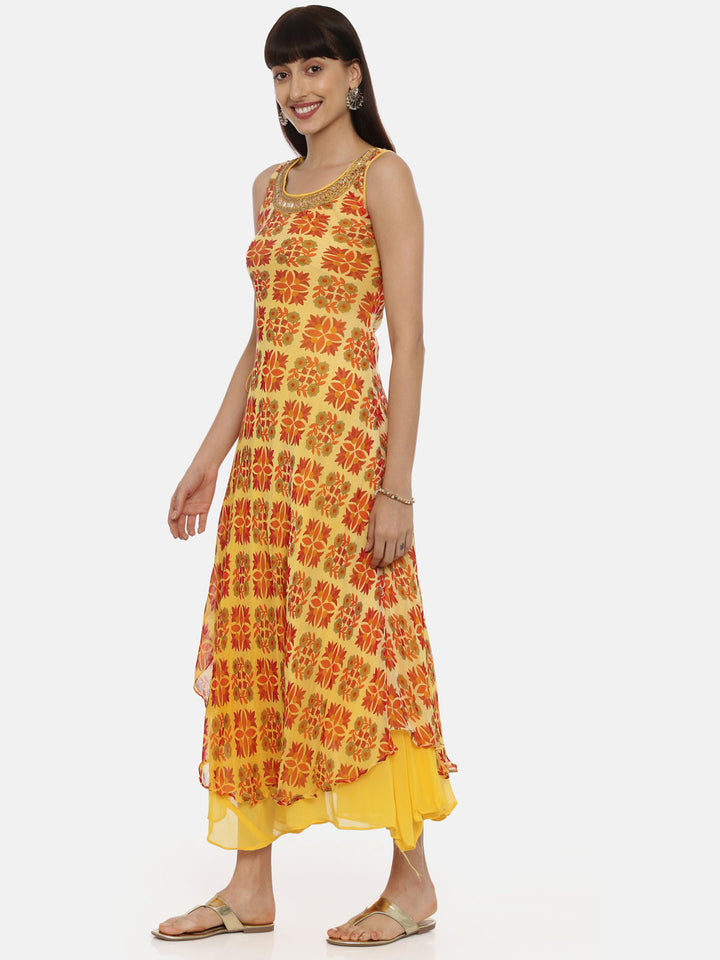 Neerus Yellow printed high-low layered kurti - side view