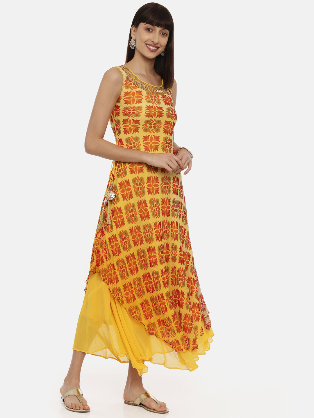 Neerus Yellow printed high-low layered kurti - detail view 1
