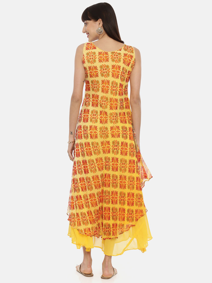 Neerus Yellow printed high-low layered kurti - detail view 2