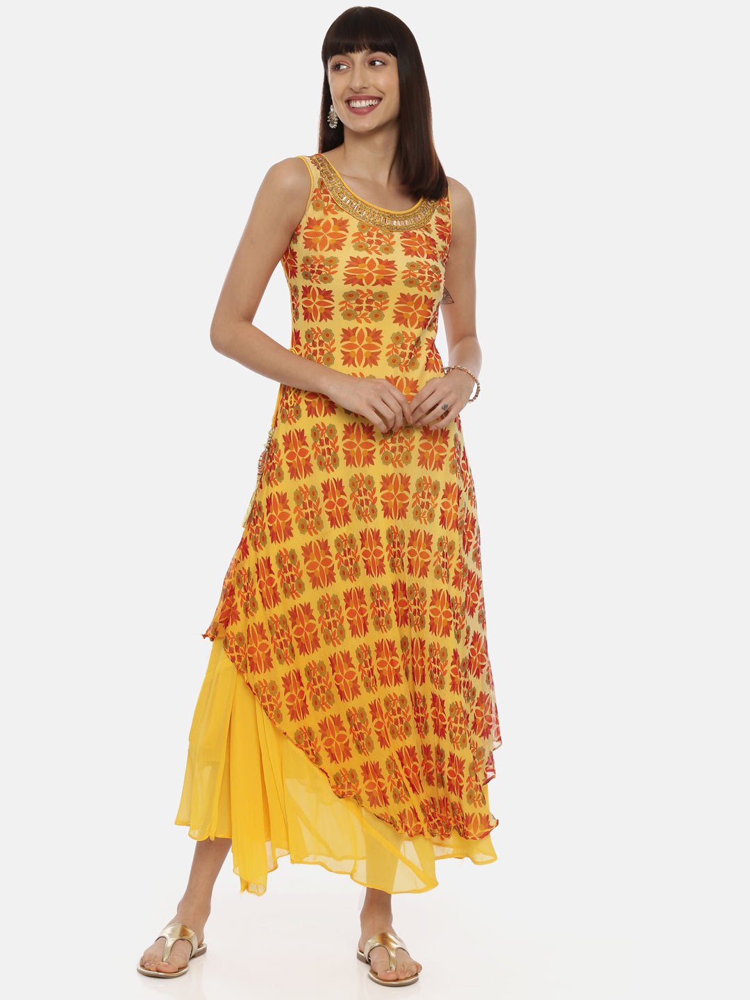 Neerus Yellow printed high-low layered kurti - detail view 3