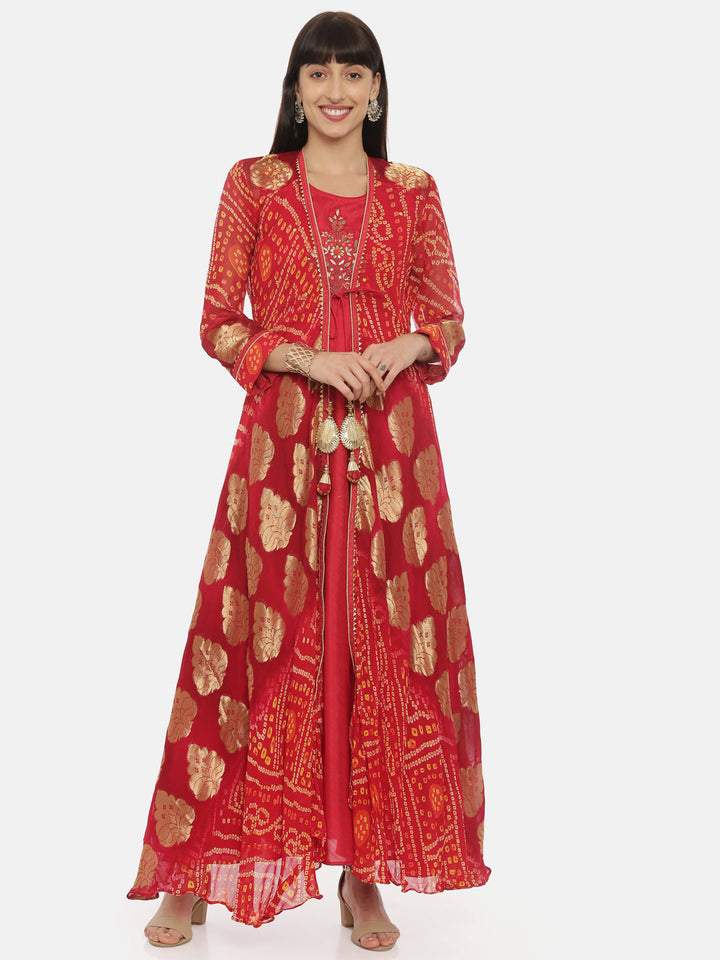 Neerus Red georgette embellished anarkali kurta with jacket - front view