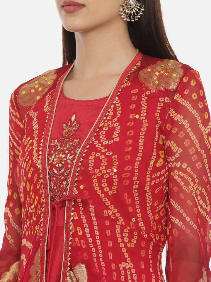 Neerus Red georgette embellished anarkali kurta with jacket - back view