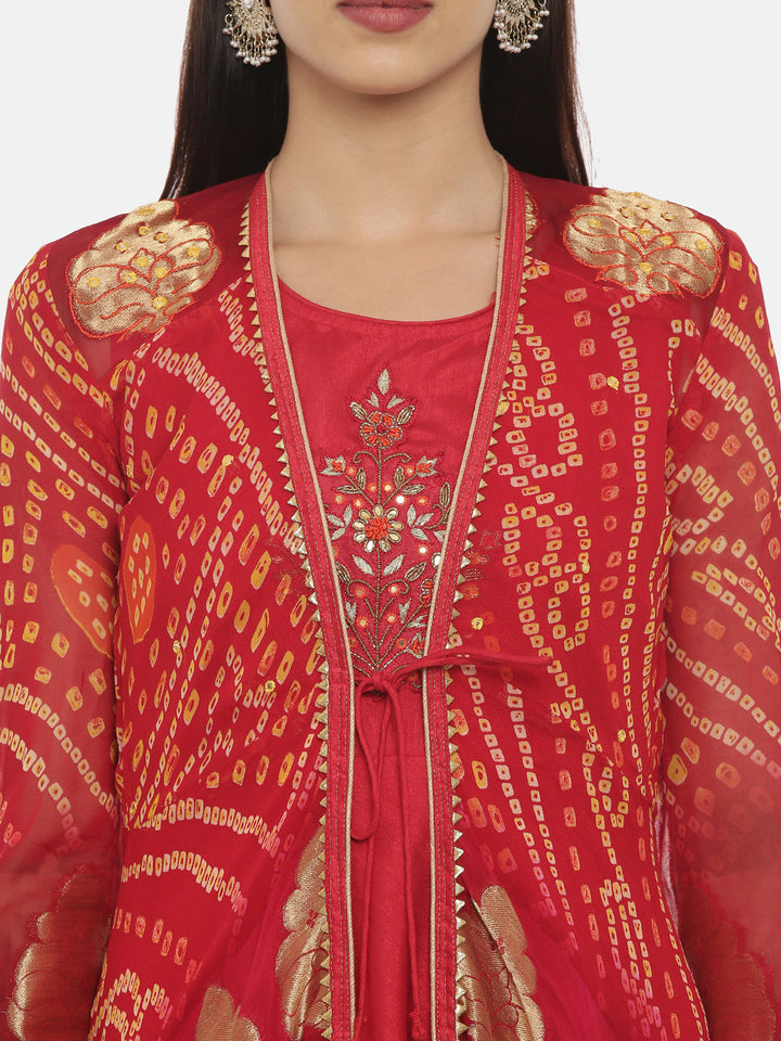 Neerus Red georgette embellished anarkali kurta with jacket - side view