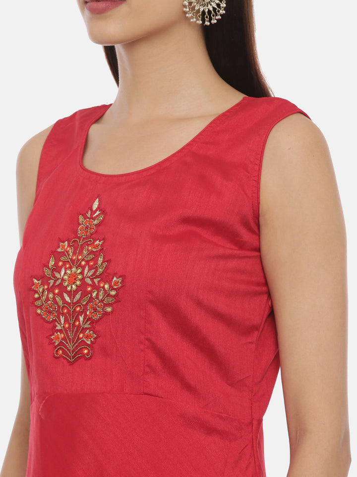 Neerus Red georgette embellished anarkali kurta with jacket - detail view 1