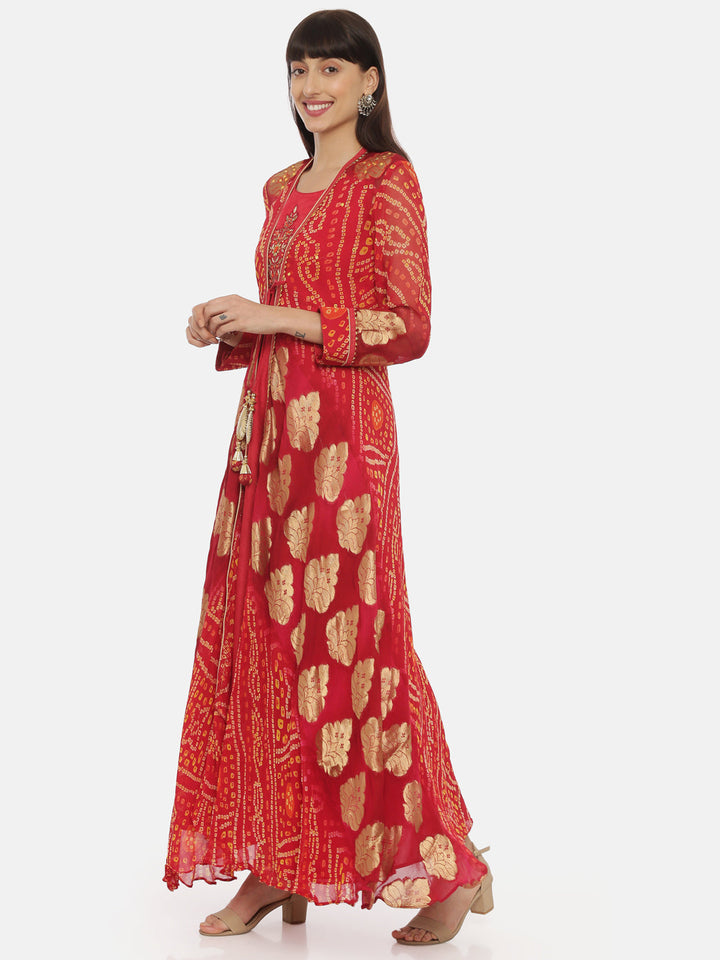 Neerus Red georgette embellished anarkali kurta with jacket - detail view 2
