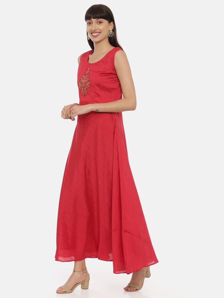 Neerus Red georgette embellished anarkali kurta with jacket - detail view 3