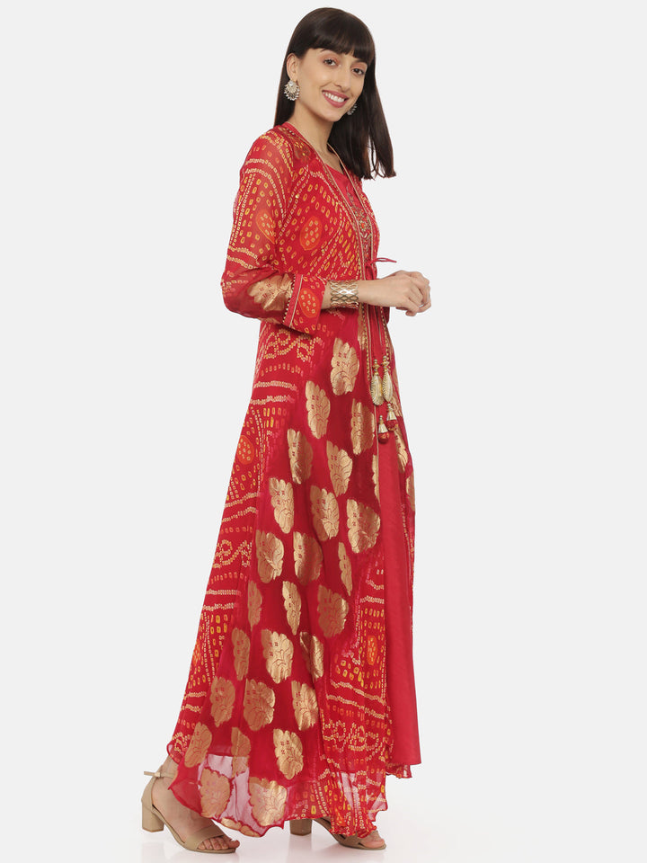 Neerus Red georgette embellished anarkali kurta with jacket - detail view 4