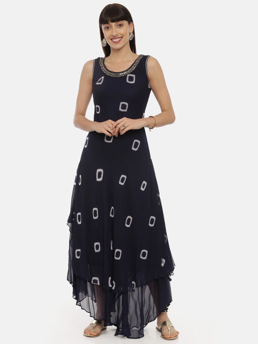 Neerus Blue Bandhani high-low layered kurta - front view