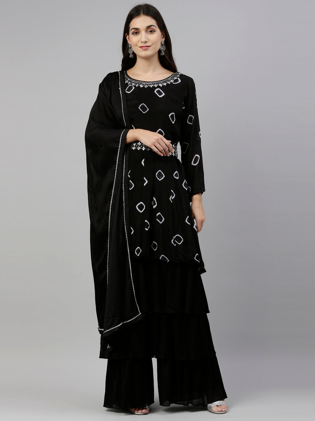 Neerus Black georgette embroidered kurta set - detail view 13