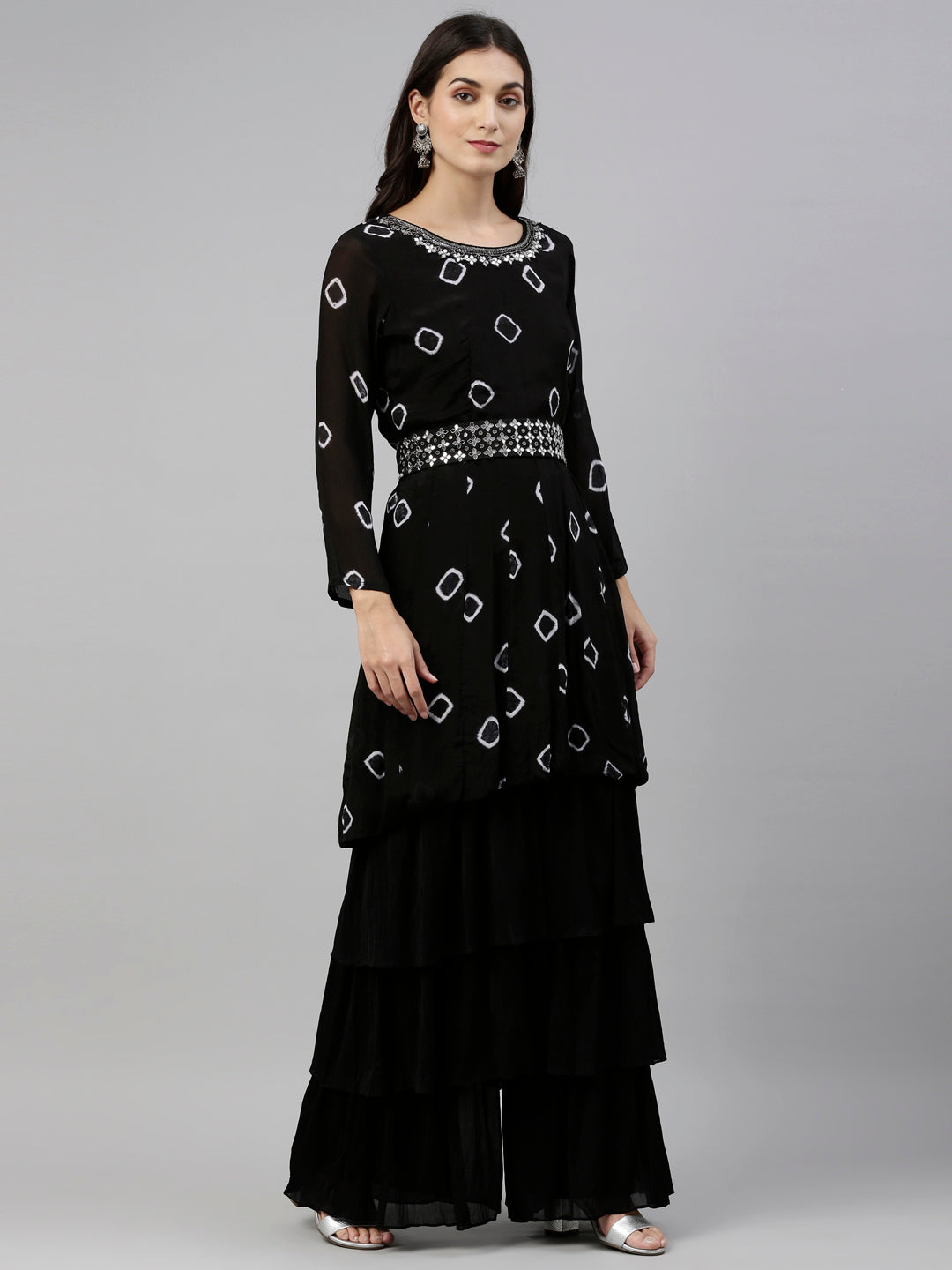 Neerus Black georgette embroidered kurta set - detail view 8