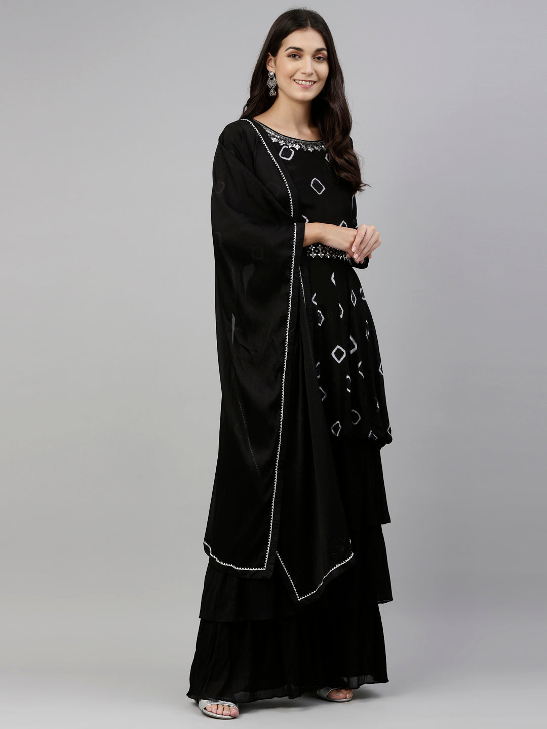 Neerus Black georgette embroidered kurta set - detail view 3