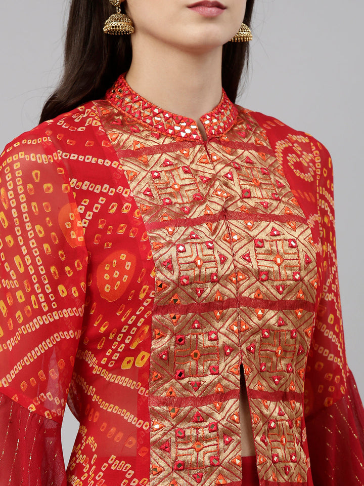 Neerus Red georgette straight kurta set with palazzo - detail view 10