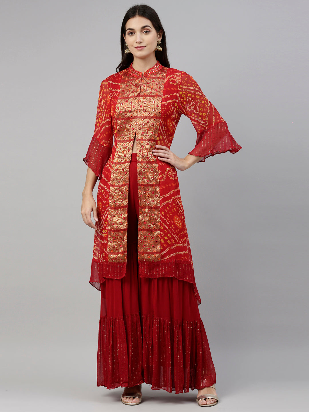 Neerus Red georgette straight kurta set with palazzo - detail view 19