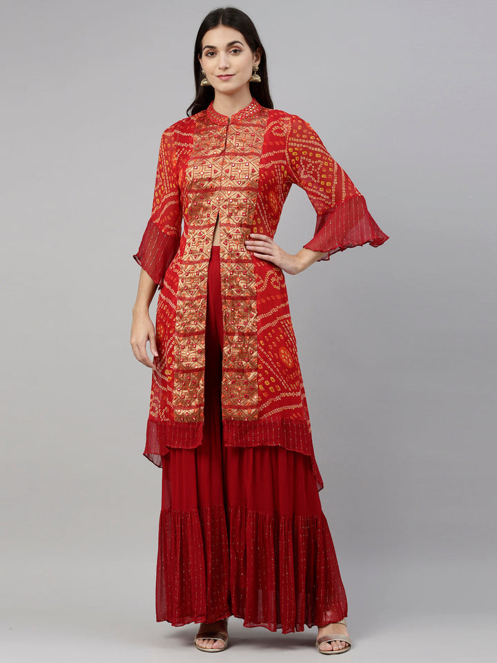 Neerus Red georgette straight kurta set with palazzo - detail view 19