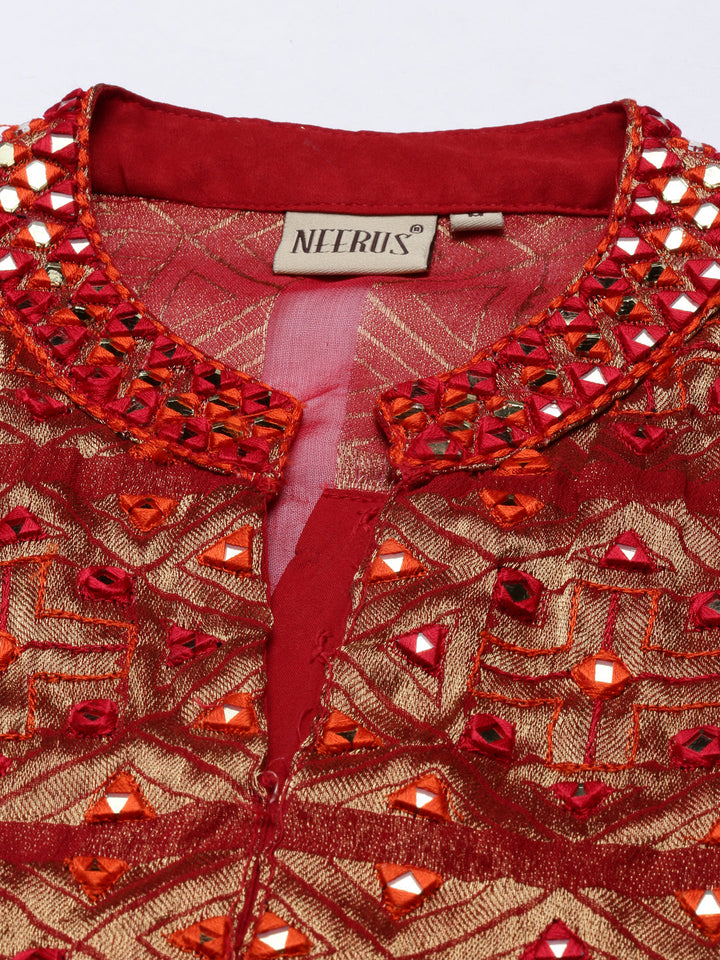 Neerus Red georgette straight kurta set with palazzo - detail view 2