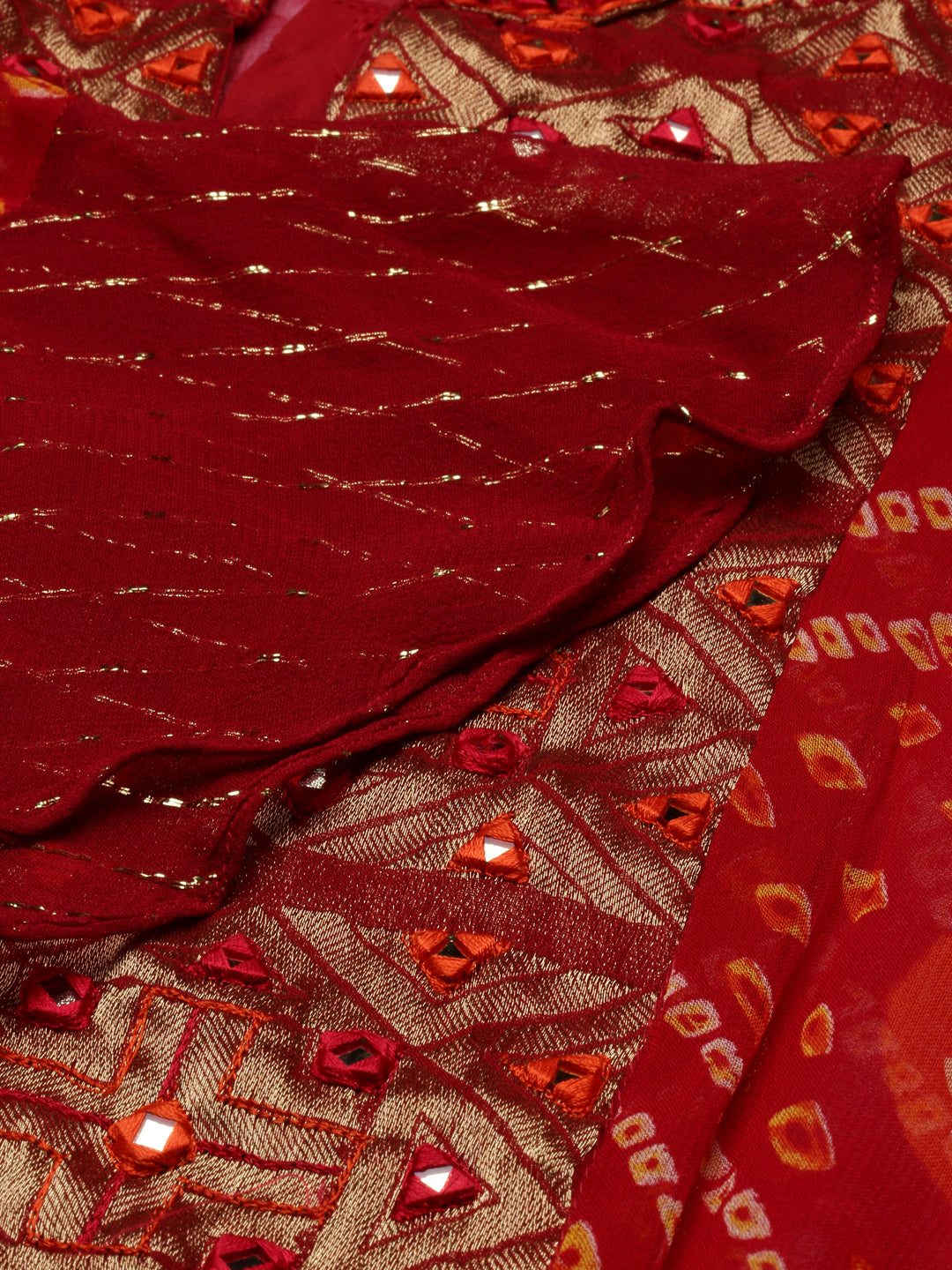 Neerus Red georgette straight kurta set with palazzo - detail view 3