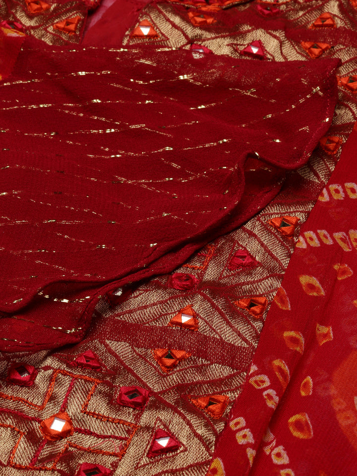 Neerus Red georgette straight kurta set with palazzo - detail view 13