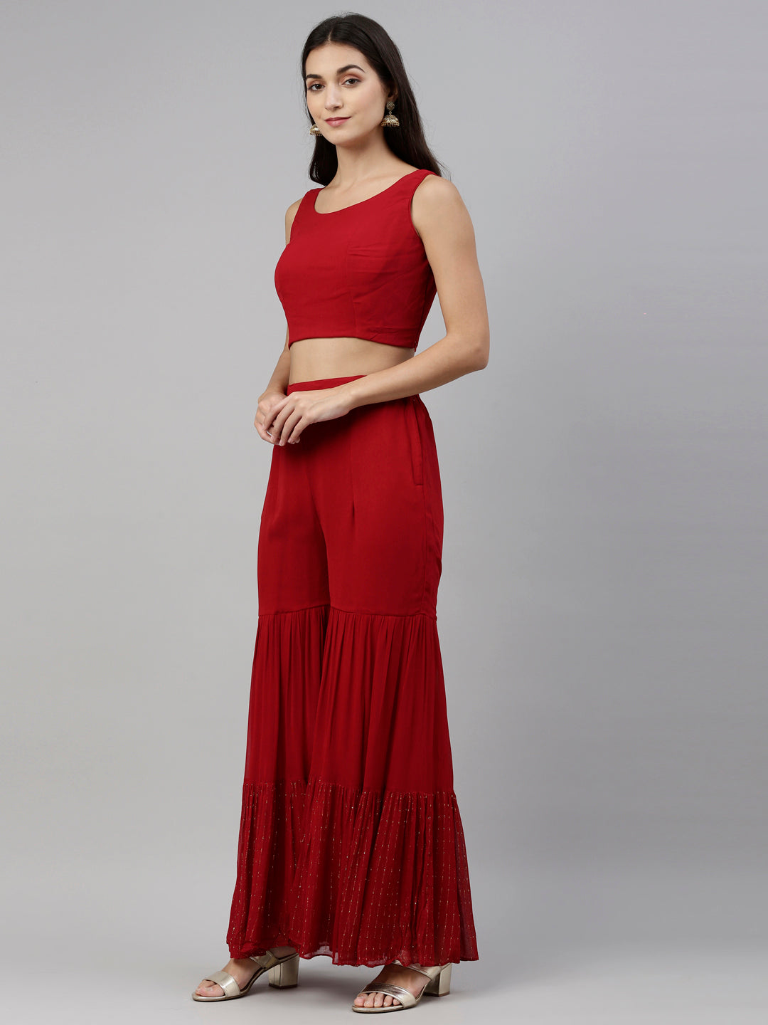 Neerus Red georgette straight kurta set with palazzo - detail view 14