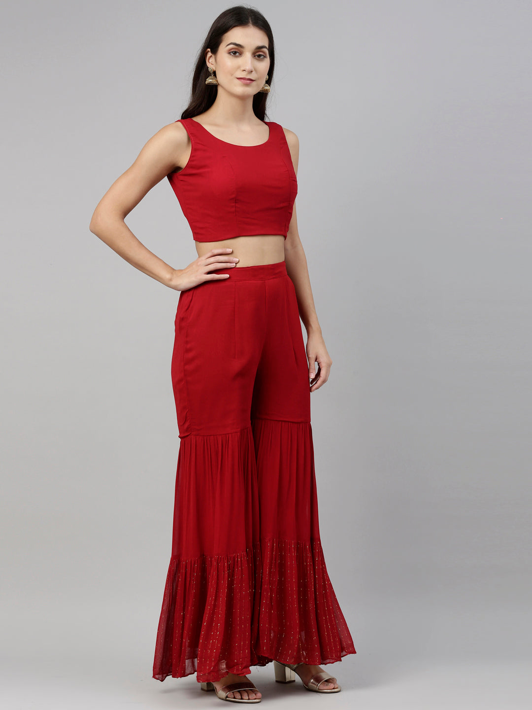 Neerus Red georgette straight kurta set with palazzo - detail view 15