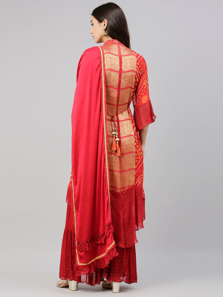 Neerus Red georgette straight kurta set with palazzo - detail view 6