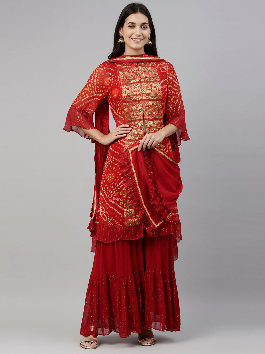 Neerus Red georgette straight kurta set with palazzo - detail view 7