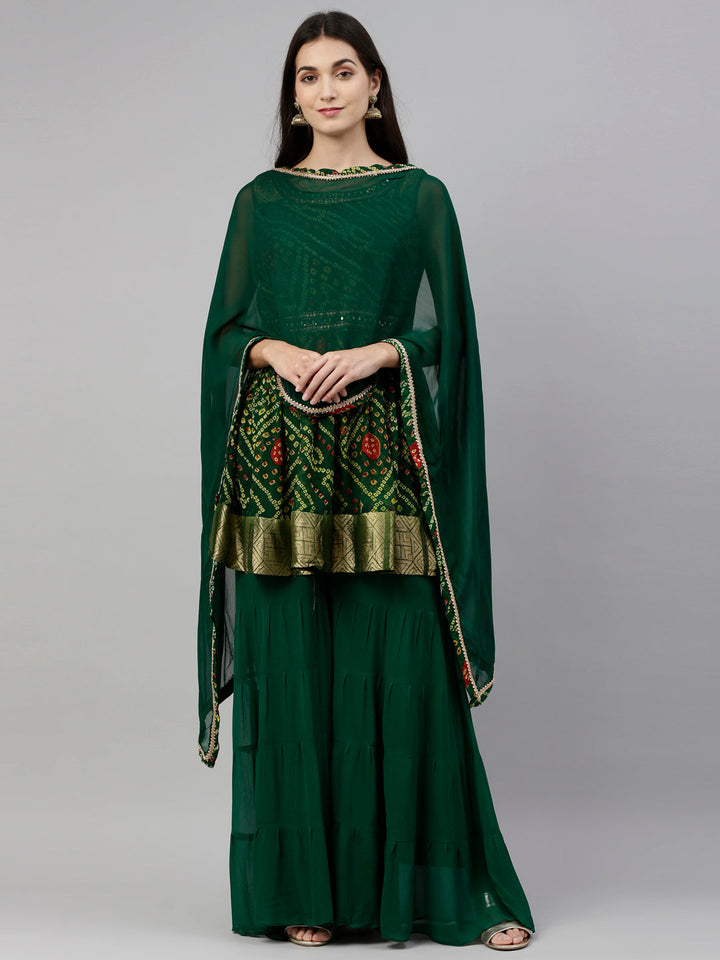 Neerus Green georgette printed palazzo set - front view