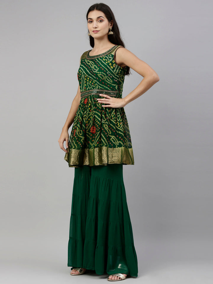 Neerus Green georgette printed palazzo set - side view