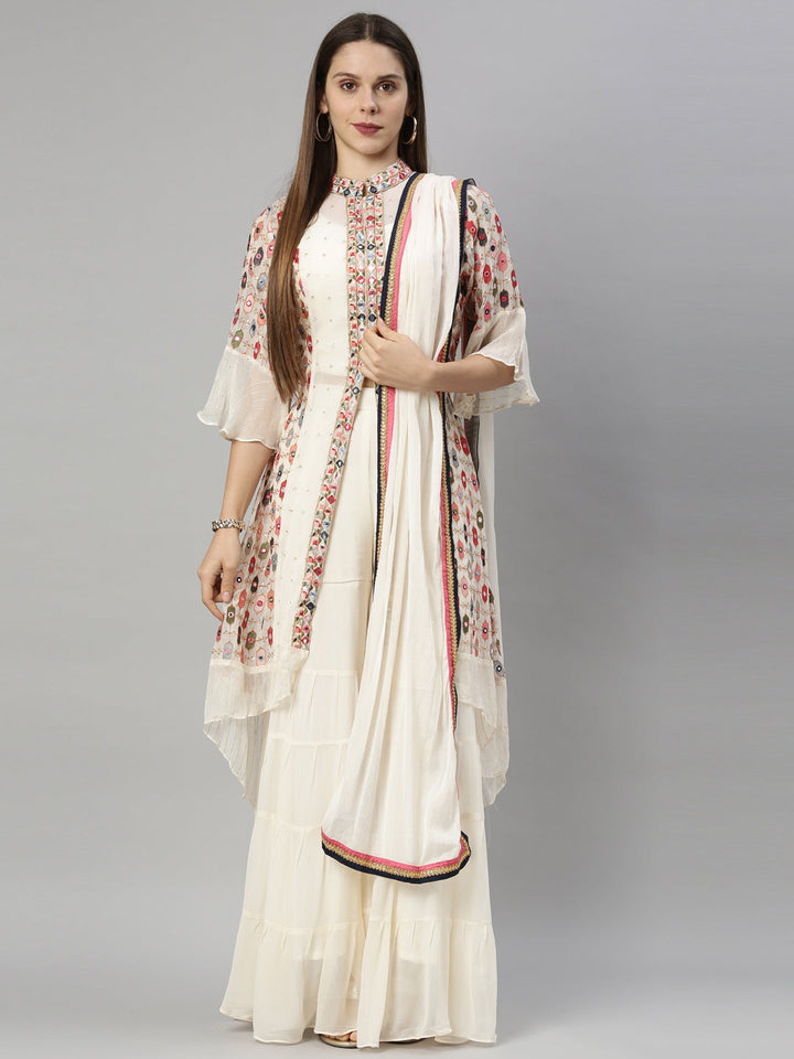 Neerus Beige georgette embroidered kurta set - front view