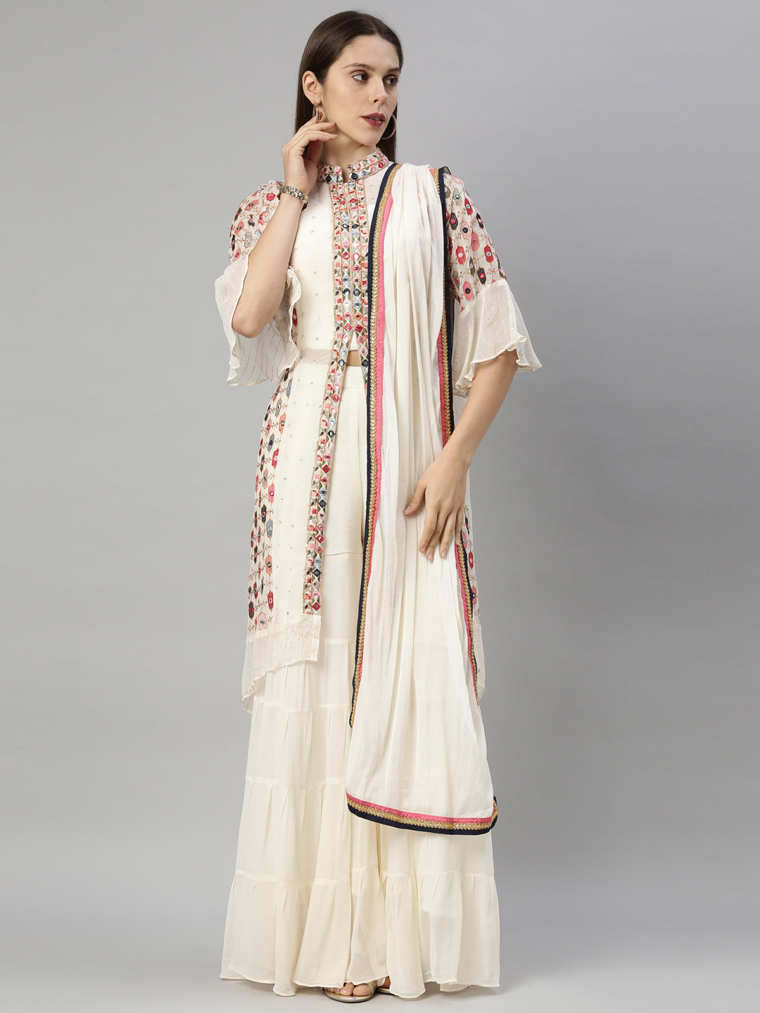 Neerus Beige georgette embroidered kurta set - detail view 7