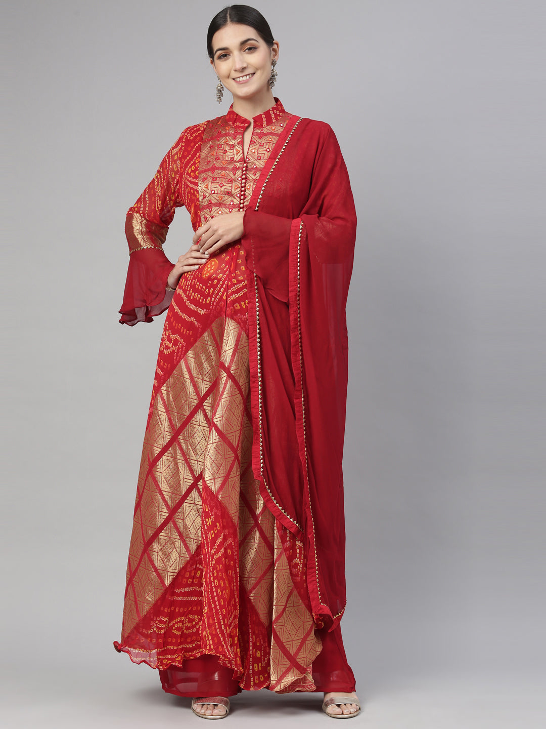 Neerus Red Georgette Straight Kurta Set - front view