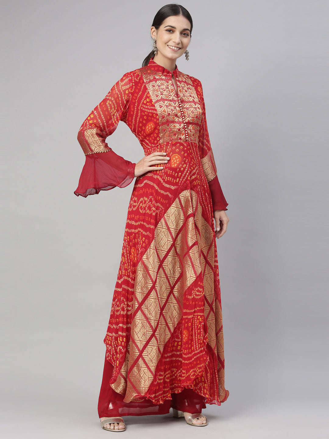 Neerus Red Georgette Straight Kurta Set - side view