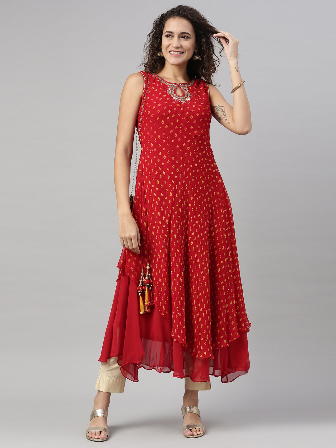 Neerus Maroon Georgette Mirror Work Kurta - detail view 1