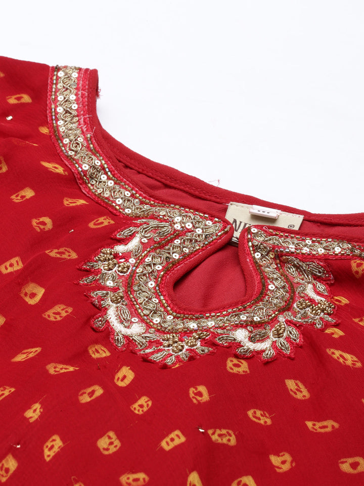 Neerus Maroon Georgette Mirror Work Kurta - detail view 2