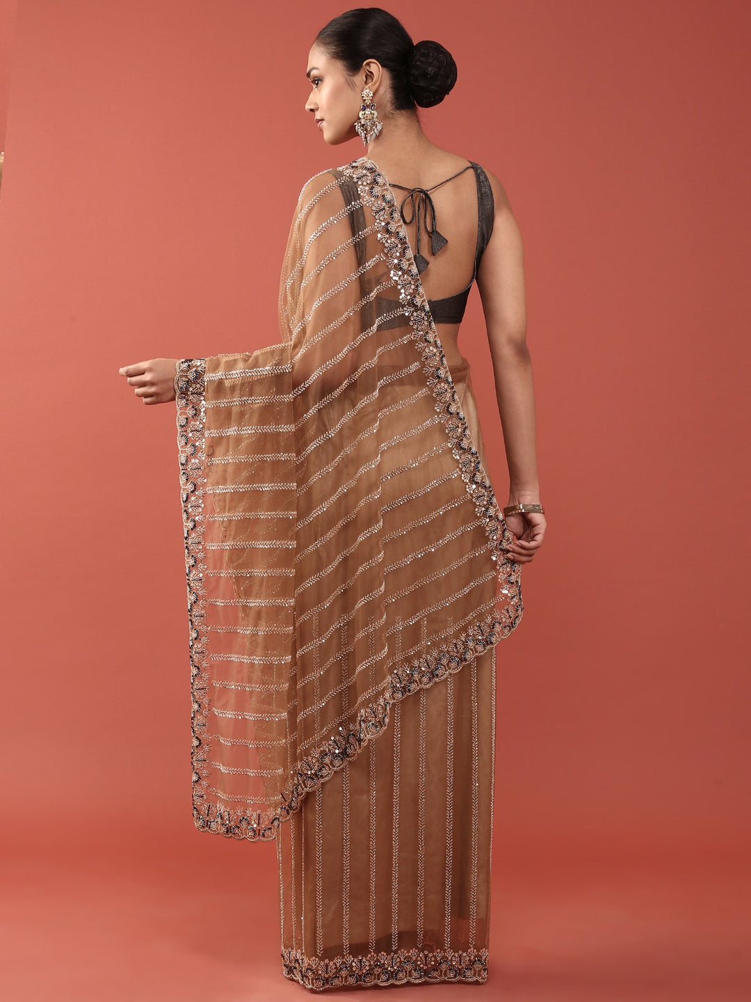 Neerus Gold net embroidered saree - back view