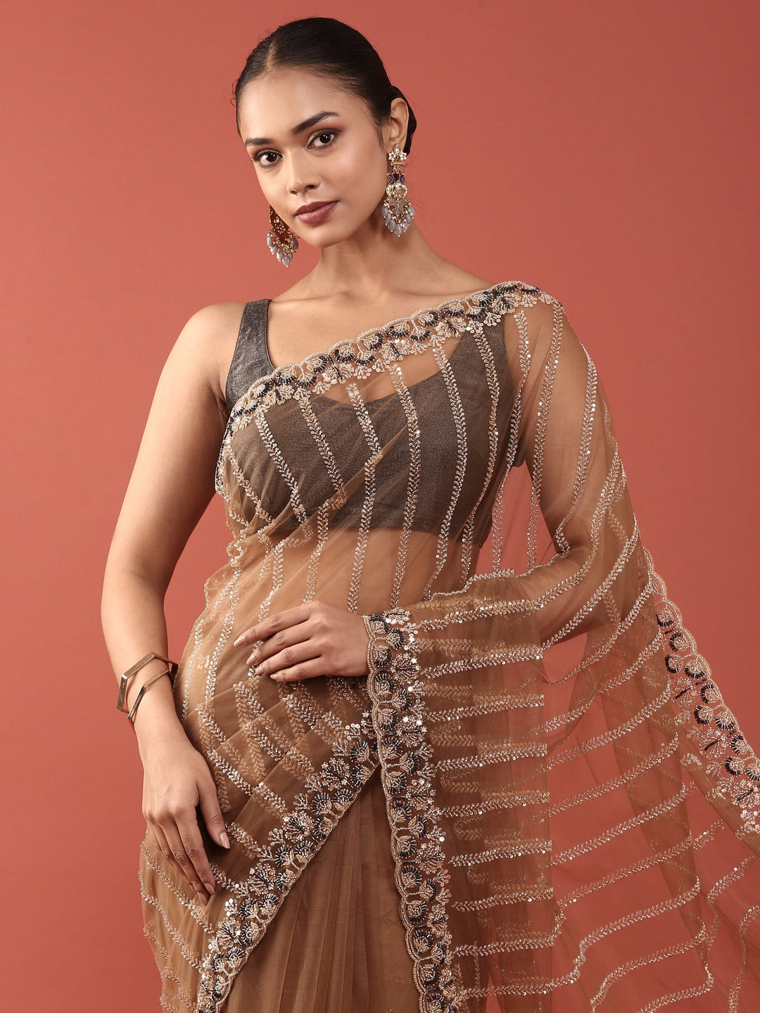 Neerus Gold net embroidered saree - side view
