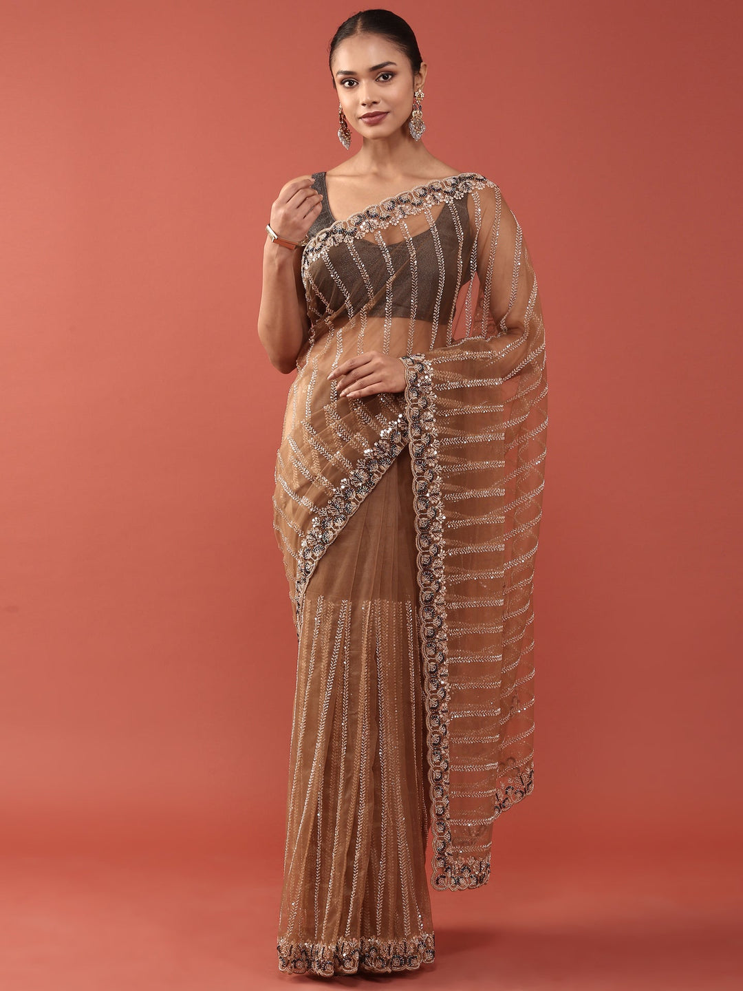 Neerus Gold net embroidered saree - front view
