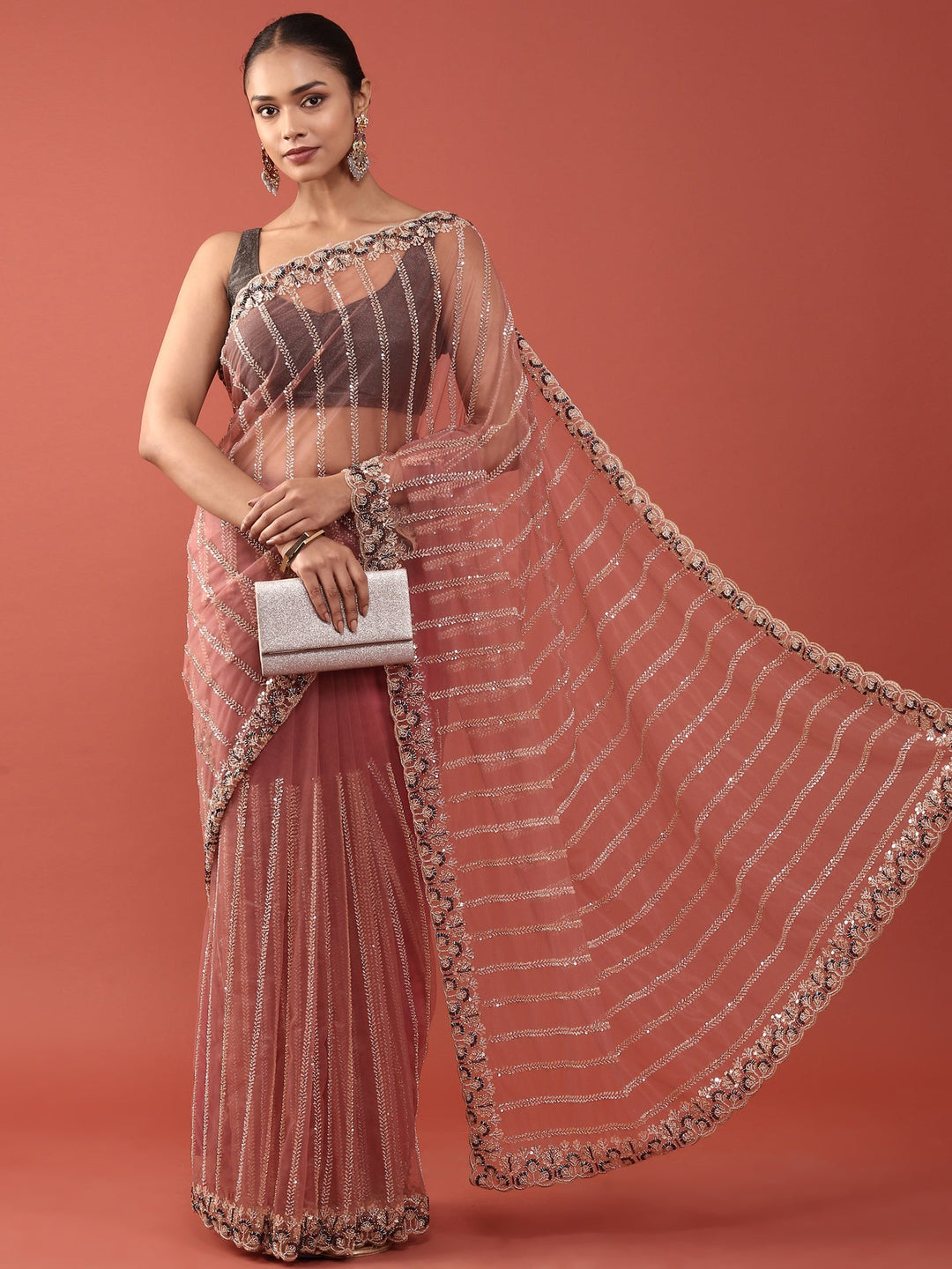 Neerus Pink net embroidered saree - detail view 1